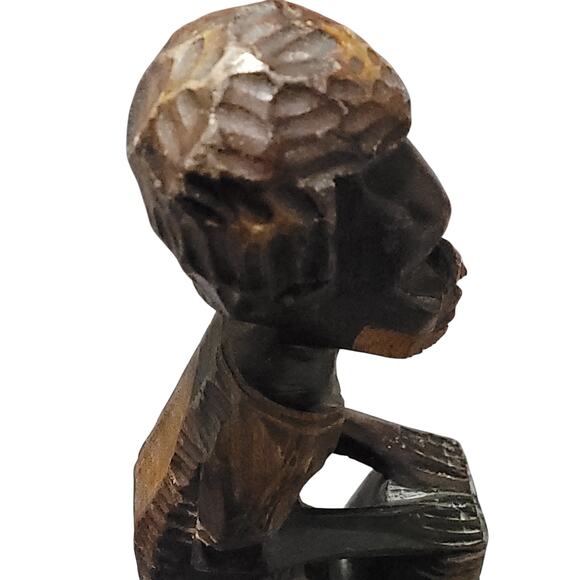 Hand-carved Wooden African Tribal statue of Man Playing a Tall Drum Vintage - Picture 4 of 10